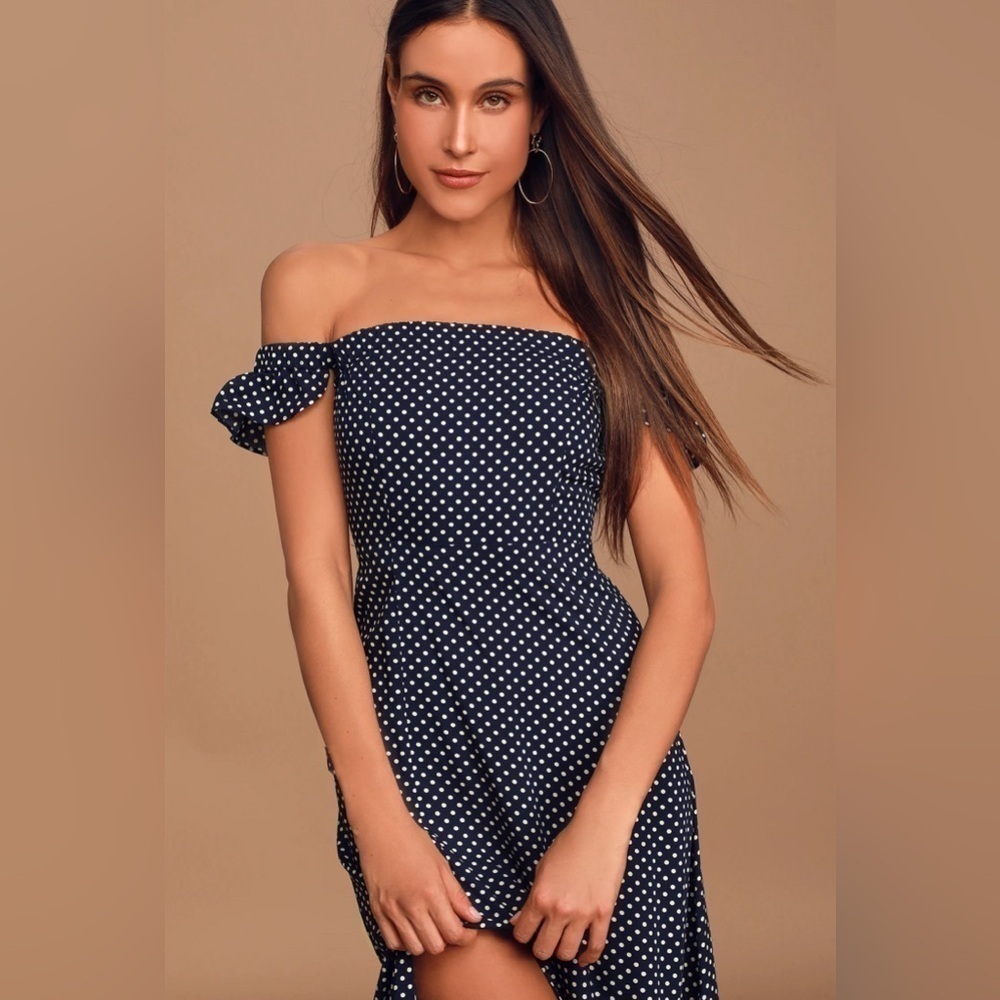 Lulus Dream Regency Nautical Blue Polka Dot Off-the-Shoulder Maxi Dress size Med - Picture 8 of 14
